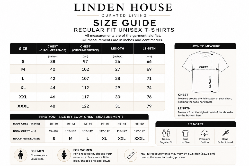 Linden House hand embroidered cotton t-shirt size and fit guide