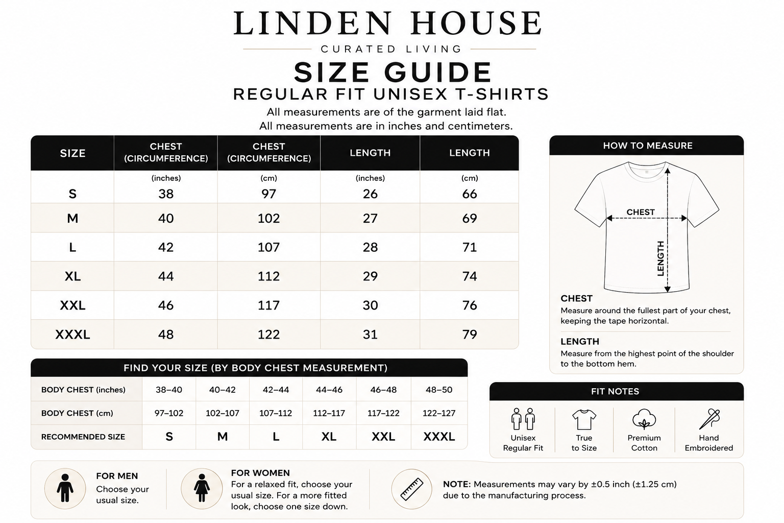 Linden House hand embroidered cotton t-shirt size and fit guide