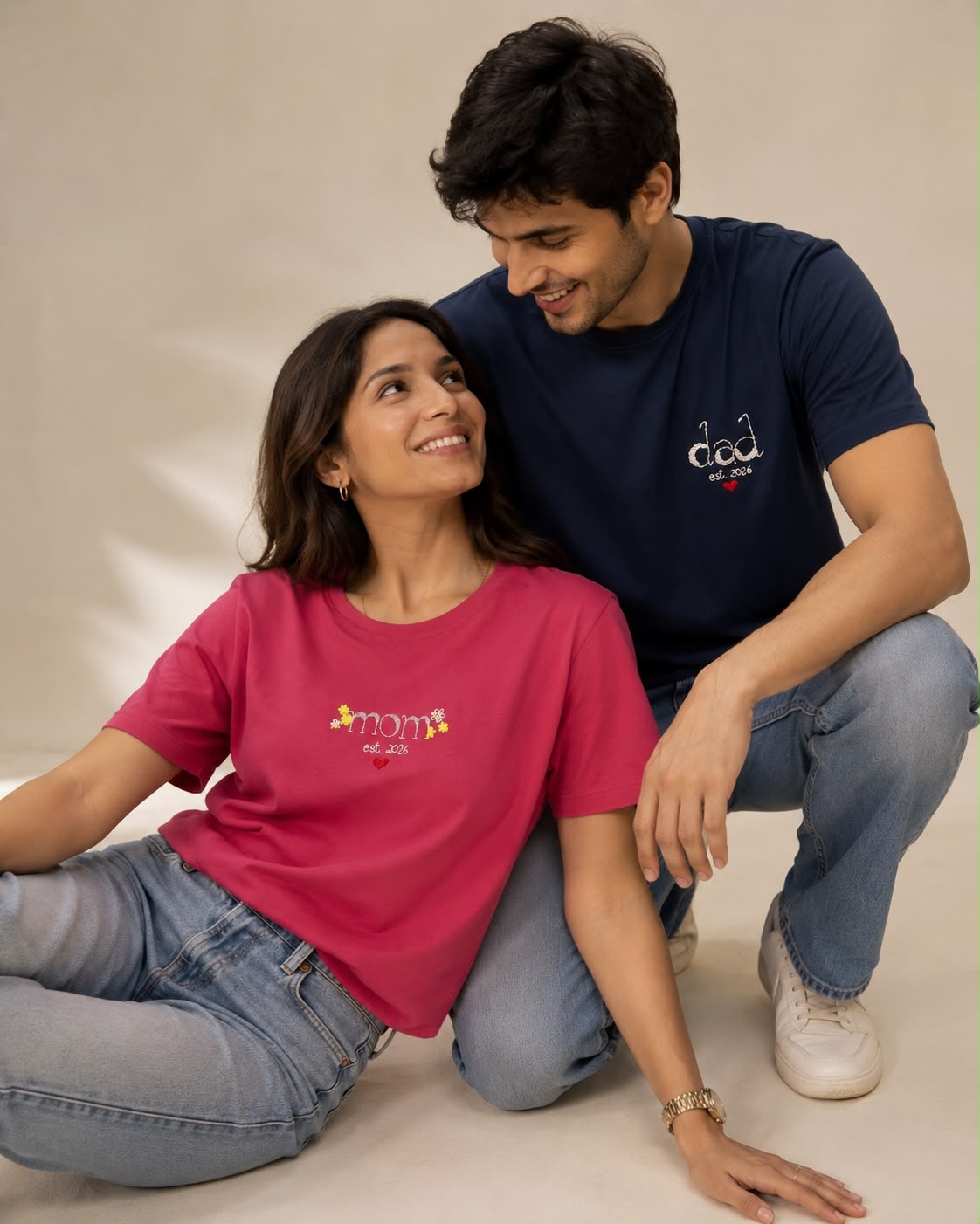Hand embroidered Mom Tee fabric detail showing 220 GSM cotton texture