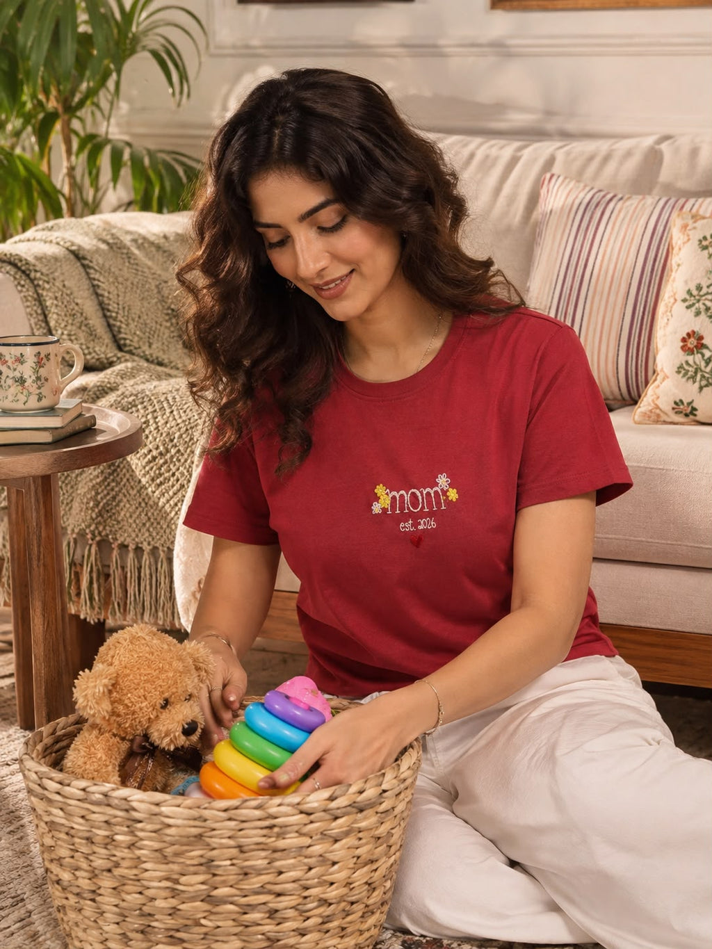 Hand embroidered Mom Tee with floral and heart detail, 220 GSM unisex cotton t-shirt by Linden House