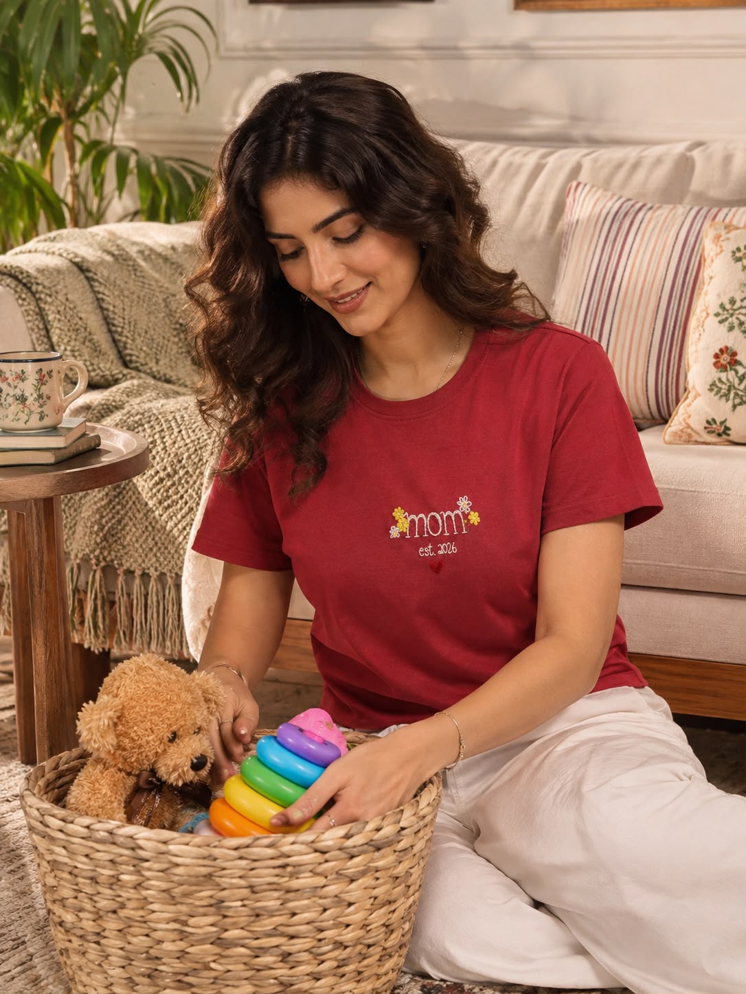 Hand embroidered Mom Tee with floral and heart detail, 220 GSM unisex cotton t-shirt by Linden House