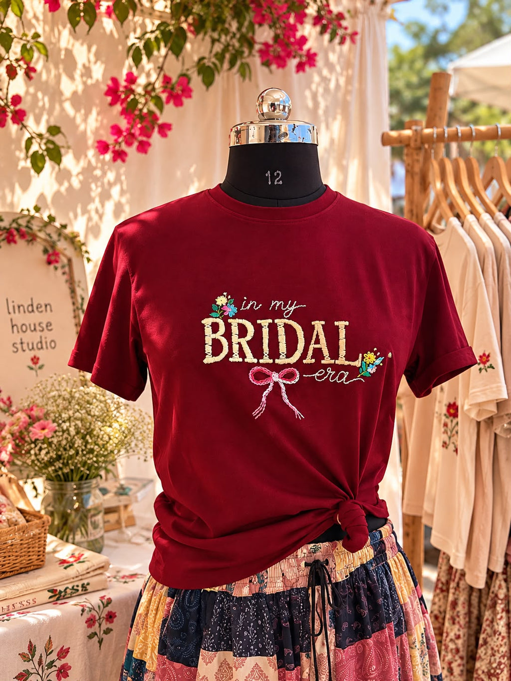 Maroon In My Bridal Era hand embroidered tee on a mannequin under bougainvillea at the Linden House stall
